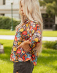 Floral 3/4 Puff Sleeve Tied Neck Blouse