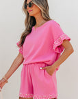 Honey Textured Pearled Ruffle Sleeve 2 Piece Set