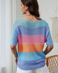 April Knitted Eyelet Colorblock Striped Half Sleeves Top
