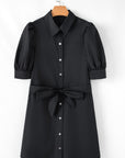 Malaya Button Up Tie Waist Puff Sleeve Mini Dress