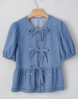 Hope Tied Front Bubble Sleeve Peplum Denim Shirt