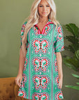 Isabela Butterfly Print Split Neck Short Sleeve Dress