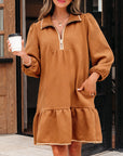 Textured Quarter Zip Collar 3/4 Sleeve Mini Dress