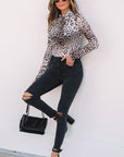 Leopard Smocked Neck Mesh Long Sleeve Bodysuit