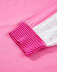 Bonbon Lace Striped Patchwork Long Sleeve Corded V Neck Plus Size Top