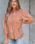 Sadie Floral Bow Pin-tuck Bust Half Puff Sleeve Blouse