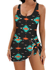 Turquoise Orange Aztec Skirted Swimsuit