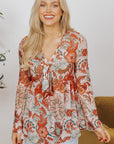 Celeste Floral V Neck Knot Bell Sleeve Blouse