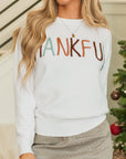Thankful Embroidered Ribbed Trim Thanksgiving Sweater