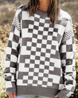 Checker Round Neck Drop Shoulder Sweater