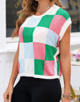Colorblock Checker Cap Sleeve Sweater
