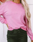 Lilah Pearl Detail Ribbed Crew Neck Sweatshirt