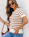 Eloise Stripe Scalloped Round Neck Short Sleeve Sweater