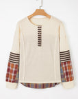 Stripe Plaid Patchwork Waffle Knit Henley Top