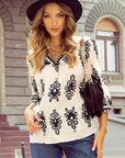 Vintage Geometric Printed V Neck Blouse