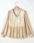 Solid Metallic V-Neck Puff Sleeve Babydoll Blouse