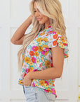 Leslie Floral Shirred Tiered Ruffled Sleeve Blouse