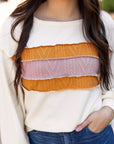 Corded Knit Reverse Seam Patchwork Drop Sleeve Top