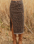 Leopard Denim Frayed Hem Midi Skirt