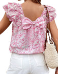 Floral Bow Back Ruffle Sleeve Blouse