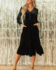Olivia Velvet Buttoned Puff Sleeve V Neck Split Midi Dress