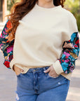 Plus Size Floral Patchwork Sleeve Textured Top