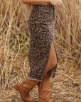 Leopard Denim Frayed Hem Midi Skirt