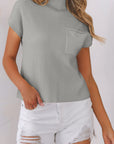 Solid Ribbed Knit Patch Pocket Short Sleeve Sweater