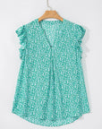 Leopard Ruffle Notched V-Neck Blouse