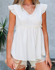 Textured Ruffle Trim V-Neck Top