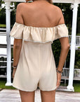 Ruffled Off Shoulder Jumpsuit With Ribbon Tie Waist
