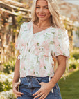 Alaiya Floral Puff Sleeve V Neck Tied Front Peplum Blouse