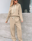 Solid Corduroy Lace Hoodie and Pants Set