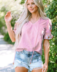 Araceli Floral Embroidered Puff Sleeve Split Neck Blouse