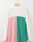Colorblock Collared Ribbed Patchwork Pocketed Sweatshirt
