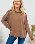 Solid Corded Knit Reverse Seam Long Sleeve Top