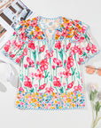 Greta Floral Split Neck Short Sleeve Blouse