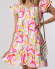 Abstract Floral Ruffle Buttoned Dress