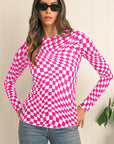 Checkered Pattern Mesh Long Sleeve Top