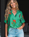 Penelope Floral Buttoned V Neck Short Sleeve Blouse