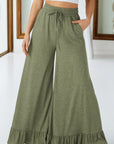 Solid Ruffle Wide Leg High Waist Pants