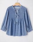 Solid Denim Pleated Bow Tie Puff Sleeve Top