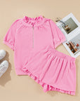 Lorelei Half Zip Puff Sleeve Top and Ruffled Shorts Set