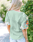 Reya Floral Embroidered Puff Sleeve Split Neck Blouse
