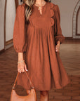 Corduroy Pleated Scallop Neck 3/4 Sleeve Mini Dress