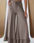 Solid Ruffle Wide Leg High Waist Pants