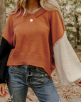 Colorblock Raw Edge Bubble Sleeve V-Neck Sweater