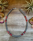 19 inch 8 mm Sterling Silver Pearls necklace with Red Spiny