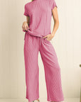 Solid Corded Short Sleeve T Shirt And Wide Leg Pants Set