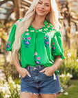 Ayah Floral Tie Split Neck Short Sleeve Blouse
